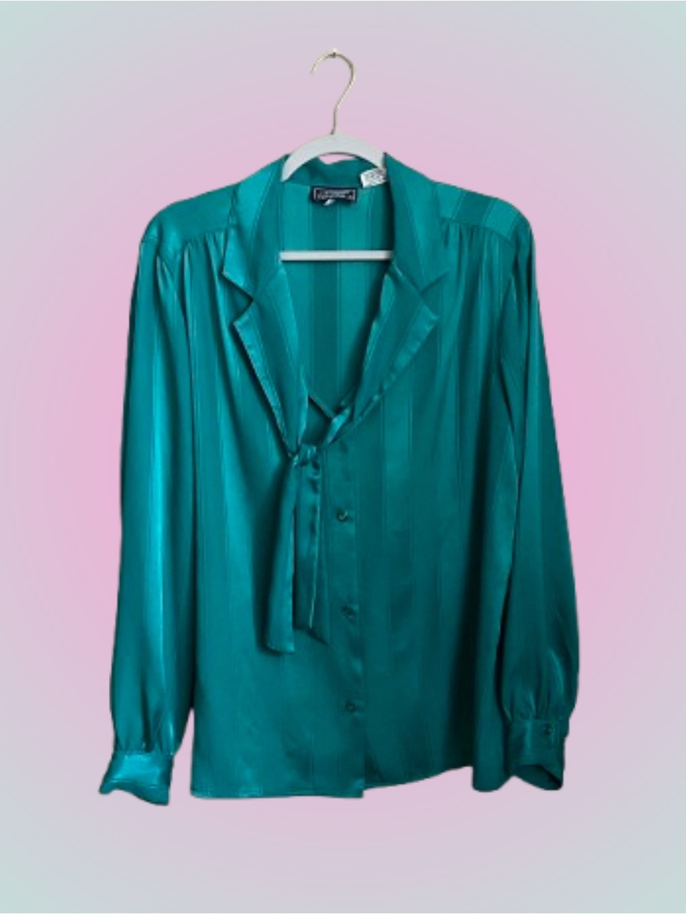 Silky vtg jade green striped tie neck secretary button front blouse top sz 38